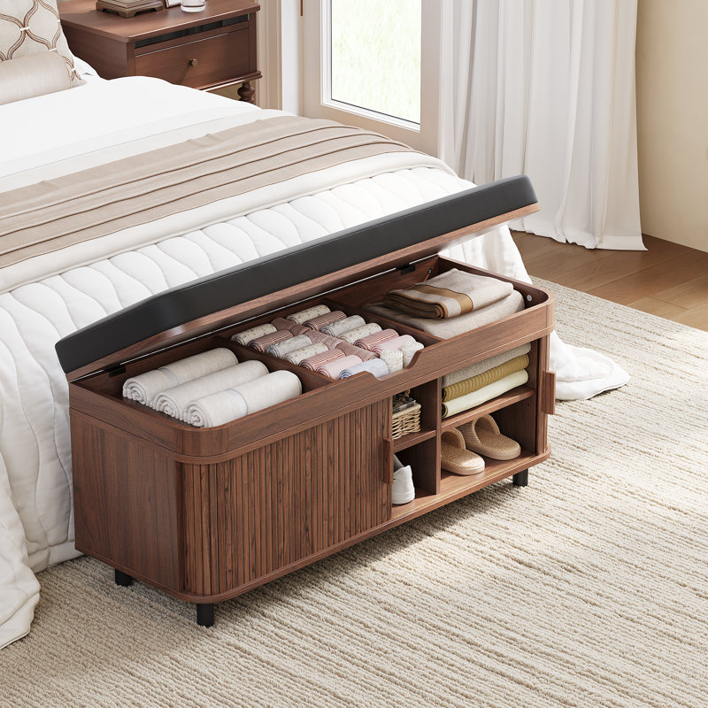 10 Pair Upholstered  Shoe Storage Bench with Cubby and Lit-Top Storage, Walnut