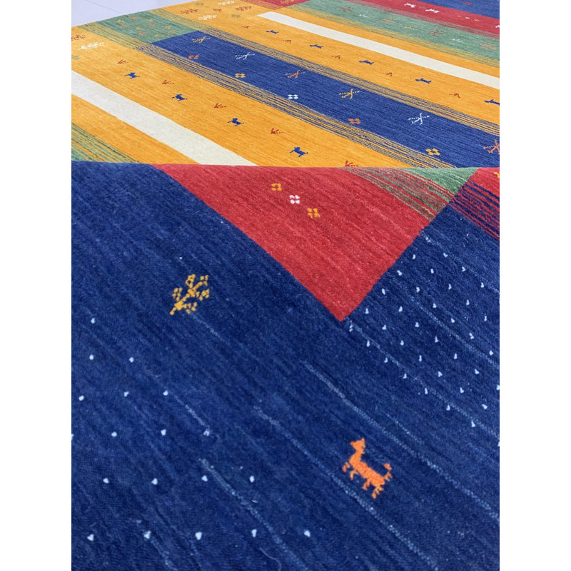 Blue Hand-Knotted Wool Striped Animal Parade Geometric Modern Contemporary Carpet Rug, 10' x 14'