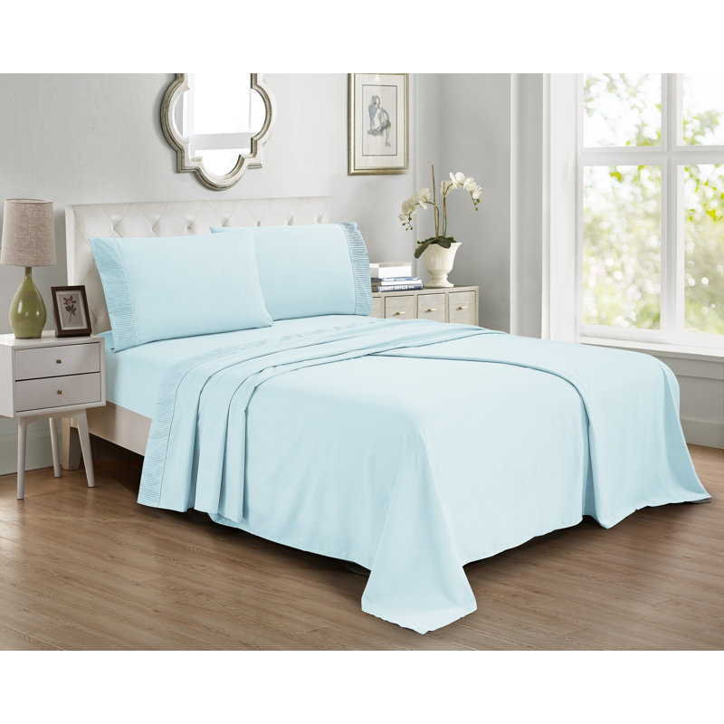 Ensemble de draps 4 pièces avec ourlet plissé, Aqua, Ensemble de drap pour lit très grand avec drap-ho