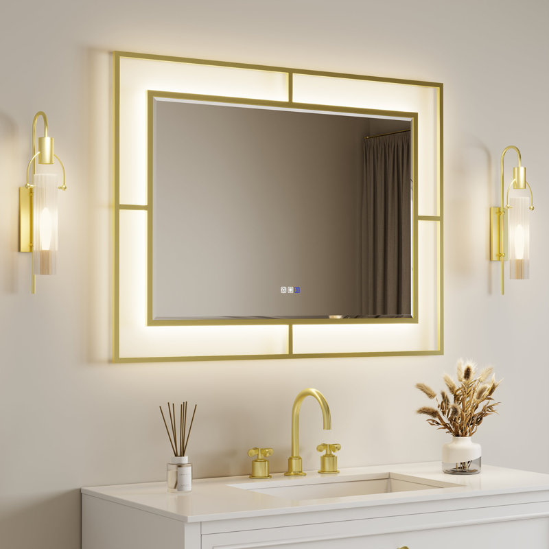 Miroir de salle de bain multifonctionnel à DEL, cadre décoratif en fer fabriqué à la main, Or, 36 po x 48 po
