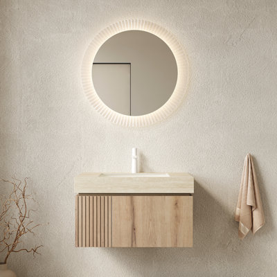 Meuble-lavabo de 76 cm (30 po) avec surface en pierre frittée, lavabo en céramique, armoire flottante en contreplaqué, tiroir et porte, aspect chêne blanc, fermeture amortie, préassemblé, grand espace de rangement, lavabo, dessus de rangement.