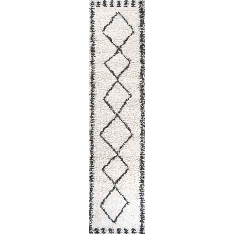 Schlenker Moroccan Diamond Shag White/Gray Rug, Runner 2' x 10'