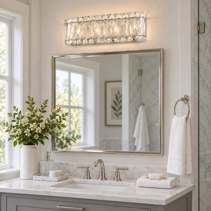 Applique murale de salle de bain à 4 lumières en nickel poli de 22 pouces avec abat-jour en cristal superposé, Nickel