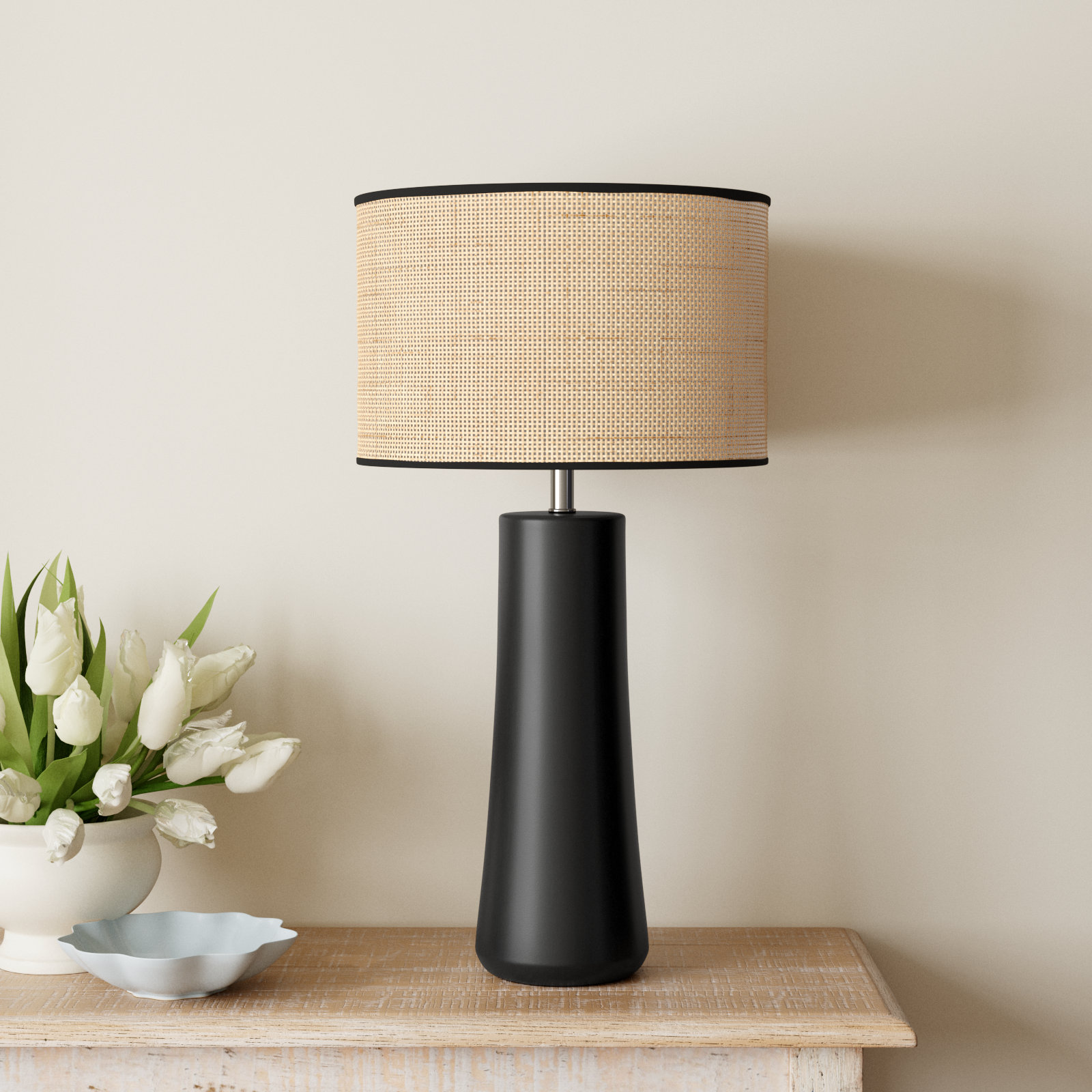 Piazza Ceramic Table Lamp, Black, 30''H x 16''W x 16''D, Natural Rattan w. Black Trim