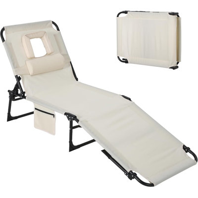 Portable Folding Patio Lounge Chair with Face Hole – 5-Position Adjustable Backrest, Pillow & Side Pocket – Outdoor Tanning Chair for Beach, Poolside, Blue