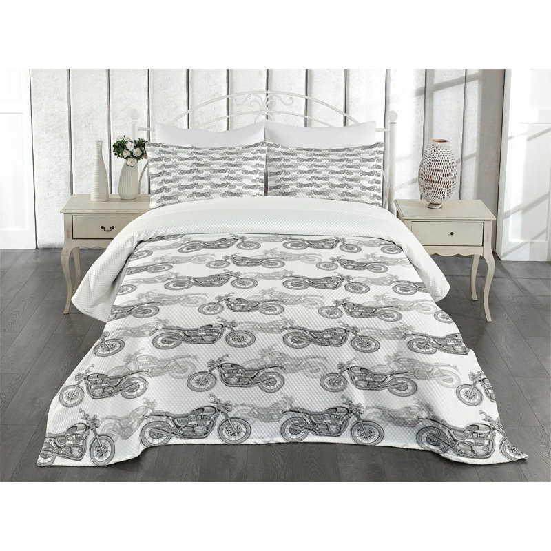 Queen White and Gray Motorcycle Bedspread Set