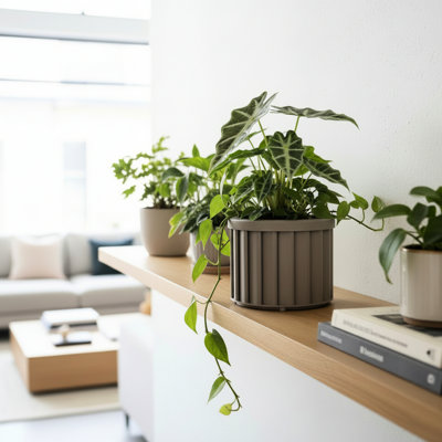 Pot à fleurs rond gris et brun en aluminium léger avec ouverture de drainage prédécoupée et plateau interne à finition bois pour garder l'eau de 8,13 pouces de hauteur et 2,99 livres de finition thermolaquée pour