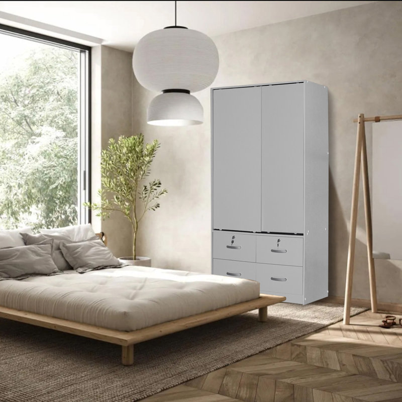 Armoire à portes coulissantes, 4 tiroirs, économiseur d'espace, Gris clair