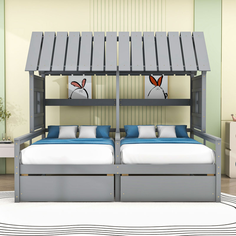 Lits plateforme simple pour lit simple, chacun équipé de deux tiroirs, Gris