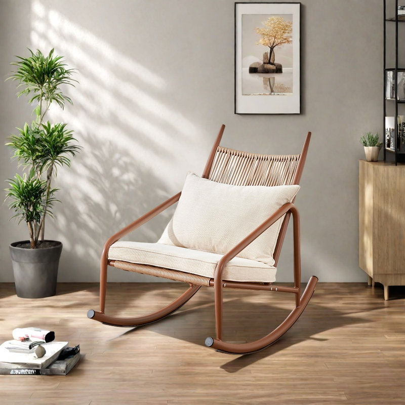 Fauteuil de loisir tissé en rotin imitation grain de bois, Blanc cassé