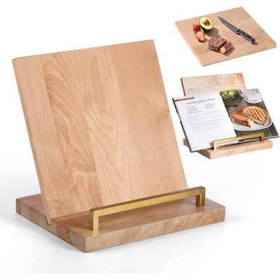 Cookbook Stand With Removable Cutting Board – Adjustable Recipe Book Holder, Charcuterie Board & Kitchen Serving Tray, Kitchen Counte Decor (Gold)