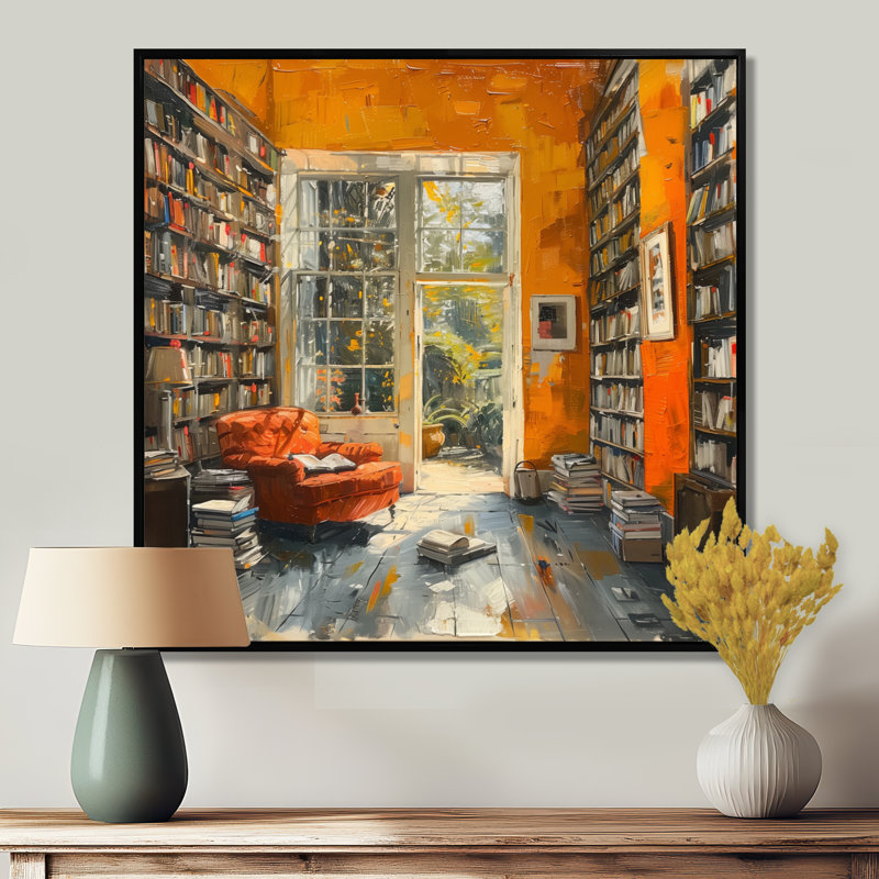 Bibliothèque orange - lecture de bonheur - décoration murale bibliothèques, H 16 po x l 16 po, Cadre flottant noir