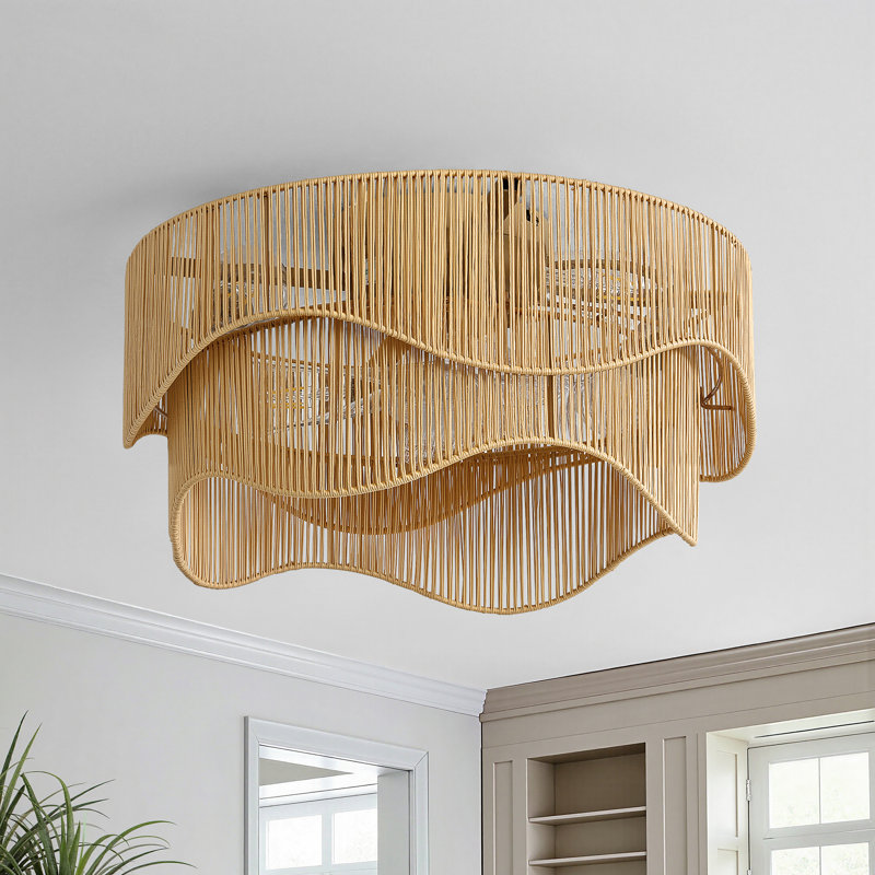 20'' Boho Caged Ceiling Fan With Rattan Shades, Light Kit And Remote Control, Tan