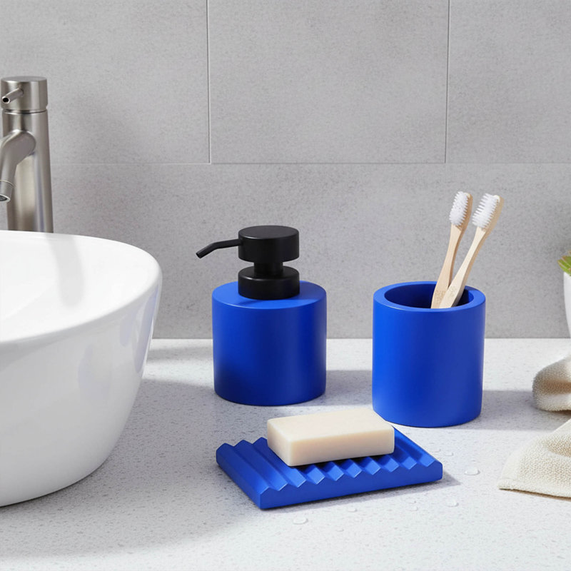 Concrete Cement Bathroom Accessories, 4-Piece Set, Blue