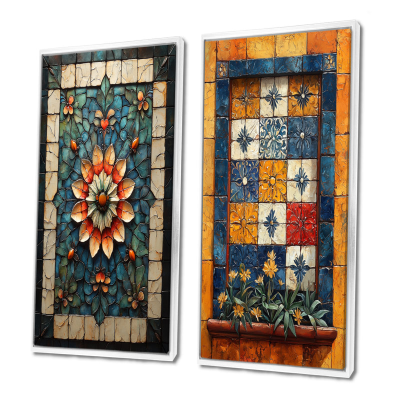 Ensemble de 2 pièces de carreaux orange de style balkanien I - Boho Tiles, H 32 po x l 32 po, Cadre flottant blanc