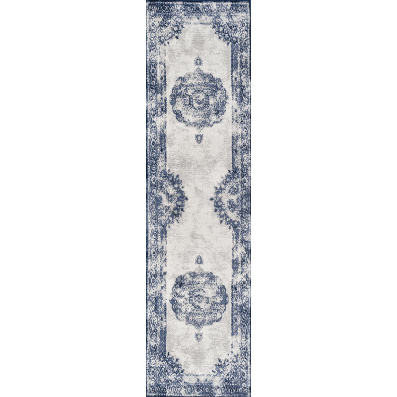 Kernan Cottage Medallion Dark blue/Ivory Rug, Runner 2'2" x 8'