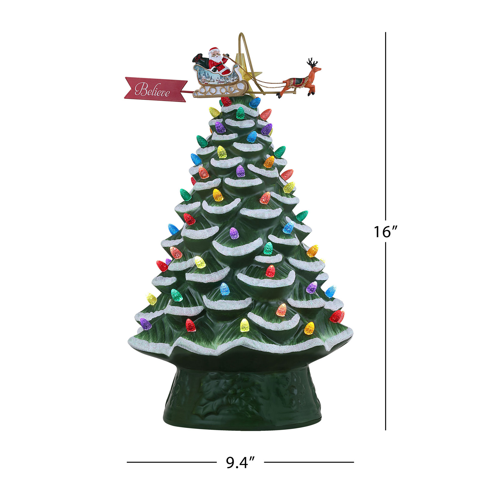Nostalgic 90th Anniversary Collection - 16" Lit Ceramic Tree with Animated Santa's Sleigh, Green
