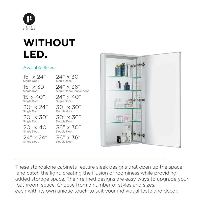 Armoire à pharmacie en aluminium sans cadre, à une porte, avec miroir, FINE FIXTURES, 38 cm (L) x 102 cm (H)., Single Door