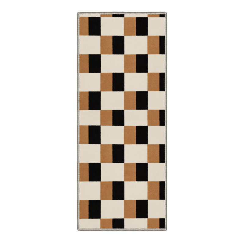 Tapis d'intérieur damier beige / brun / noir lavable à la machine à damier avec envers antidérapant, Runner 2' x 6'