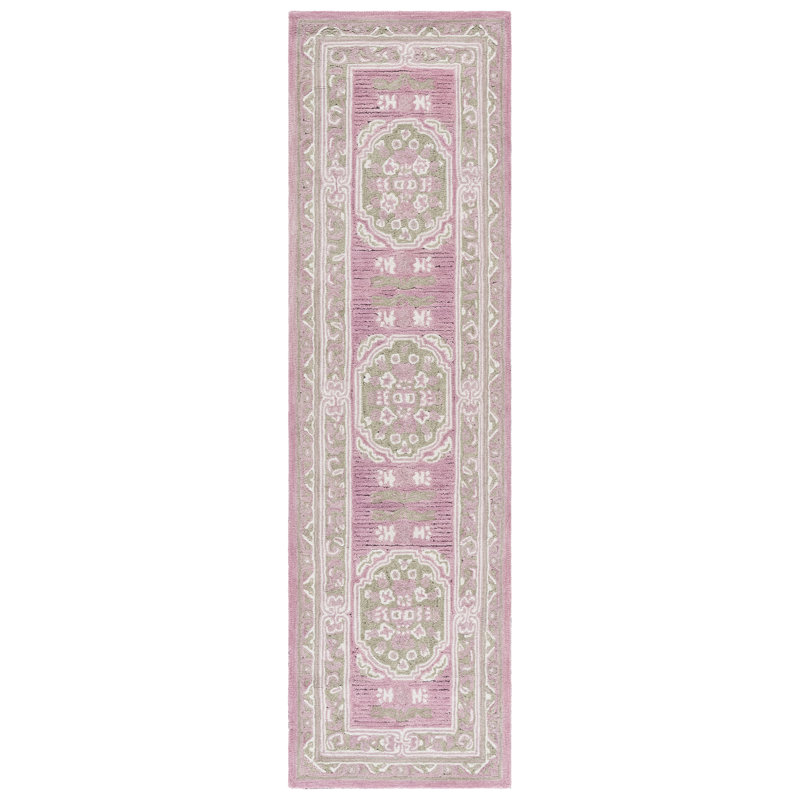 401 Hand Tufted Wool/Cotton Oriental Indoor Use Only Rug in Olive/Pink, Runner 2'3" x 8'