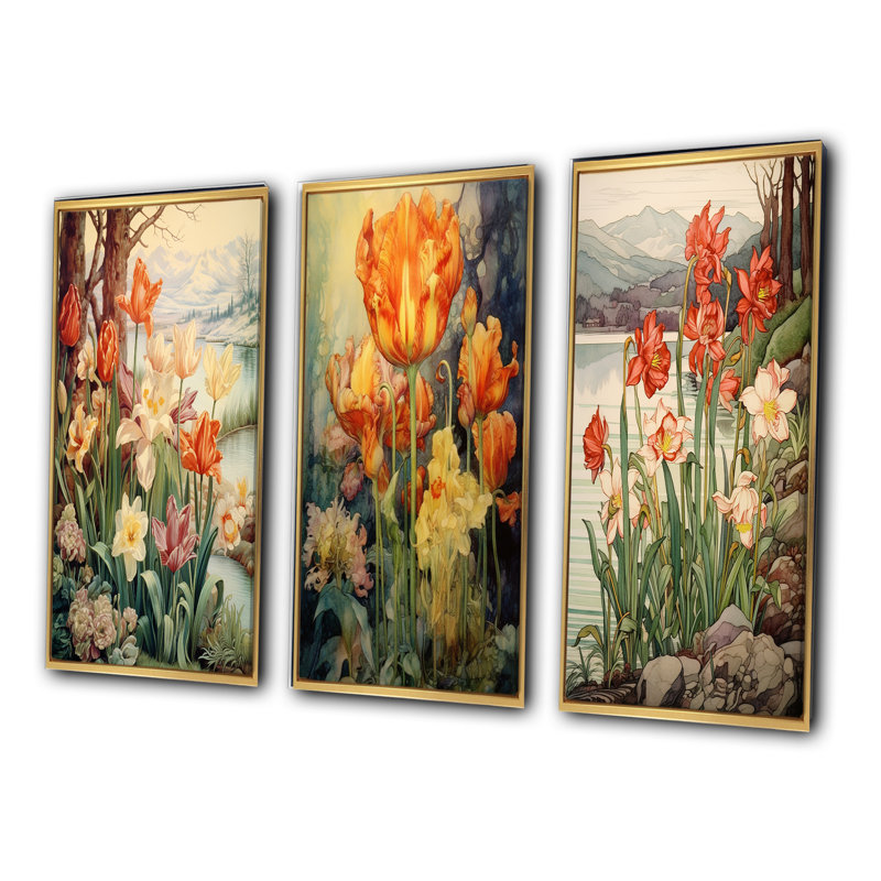 «Red Tulips Blooming Retro Illustration I», 3 pièces sur toile, Cadre flottant doré, H 32 po x l 48 po