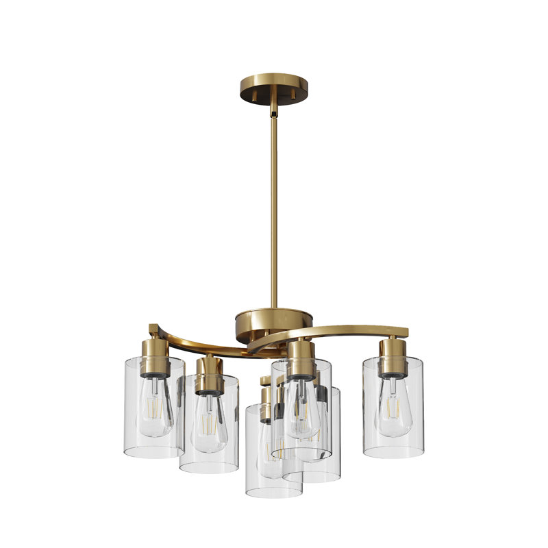Luminaire suspendu à hauteur réglable avec abat-jour en verre transparent, Six lumières, Doré, H 74,7 po x l 28 po x P 28 po