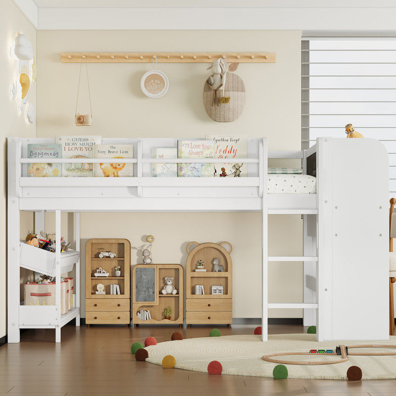 Twin Loft Bed with Desk, Storage Bookcases, Drawers & Blackboard, Solid Wood Kids Loft Bed, White, Twin, White