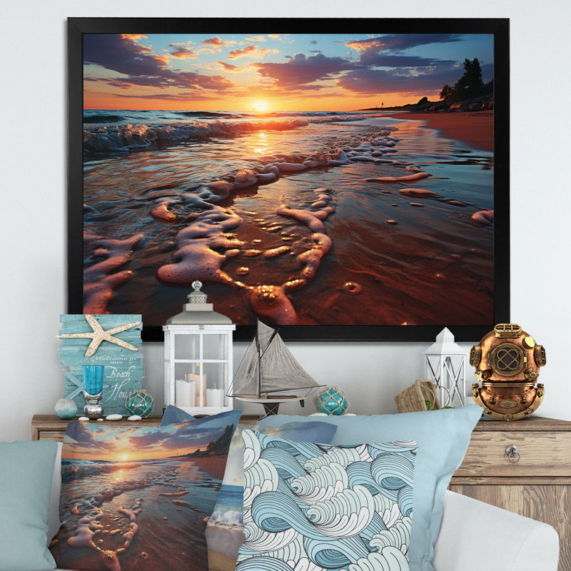 Algird " Sunset Beach Scenery I ", Black Picture Framed, 12" H x 20" W x 1" D