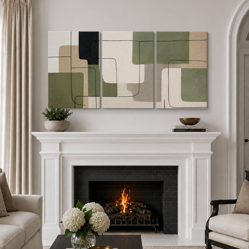«Sage Green», art géométrique moderne, images de bureau, impression sur toile encadrée, 3 pièces, 24" H x 48" W x 1.5" D