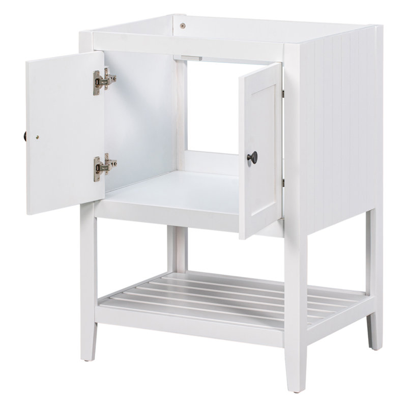 Base de meuble-lavabo 24 po seulement, structure en bois massif, armoire de rangement avec portes et tablette ouverte, Blanc