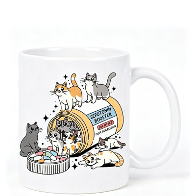 Adorable Cat Serotonin Booster Mug - Cute Kitten Design with "Serotonin Booster" Labels, Perfect Gift for Cat Lovers, Unique Ceramic Coffee Cup for Moms.