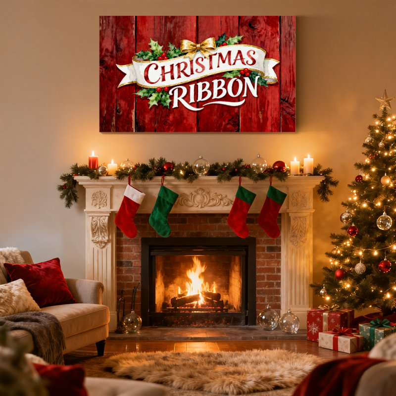 Ruban de Noël sur fond de bois rouge avec houx et arc, ensemble de 3 impressions d'art sur toile, H 16 po x l 24 po