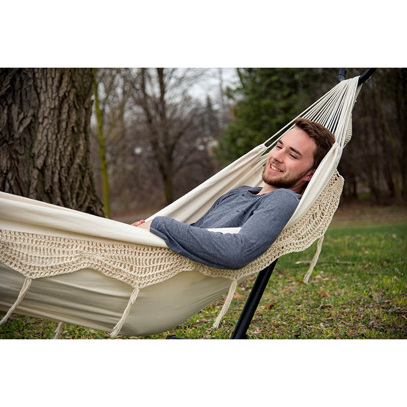 Hamac double en coton Vivere Dorinda avec support en acier peu encombrant et sac de transport, Naturel, Noir
