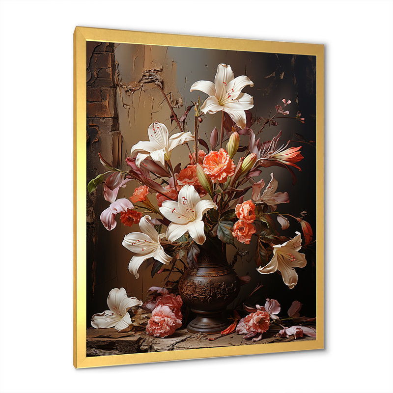 Fleurs brunes rétro nature morte, Cadre doré simple, H 32 po x l 16 po x P 1 po