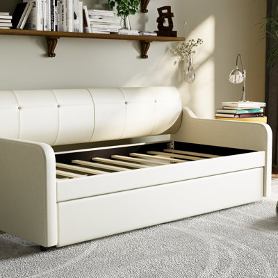 Bethie Twin Upholstery Pull-out Trundle Daybed with USB charging, Flat or Erected Use