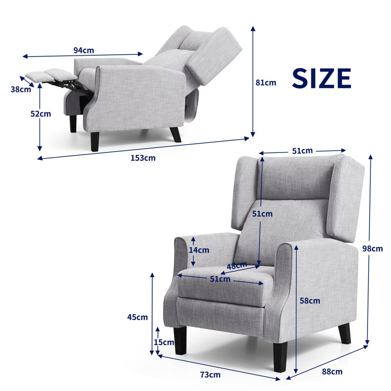 Angelah 73cm Wide Wing Chair Recliner, Gray Polyester Blend