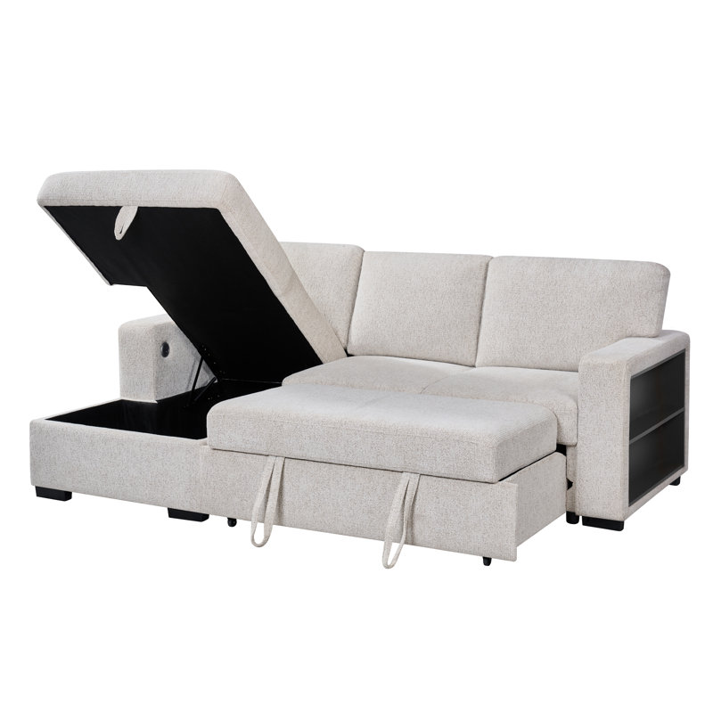 Canapé-lit d'angle réversible en forme de L avec méridienne de rangement, accoudoir amovible avec porte-gobelets, ports de chargement USB et Type-C, revêtement en lin avec tablette latérale, beige