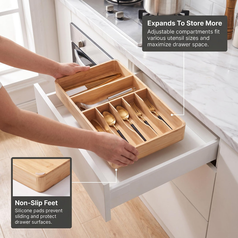 Organisateur de tiroir - Plateau en bambou pour coutellerie, couverts et porte-ustensiles en bambou naturel
