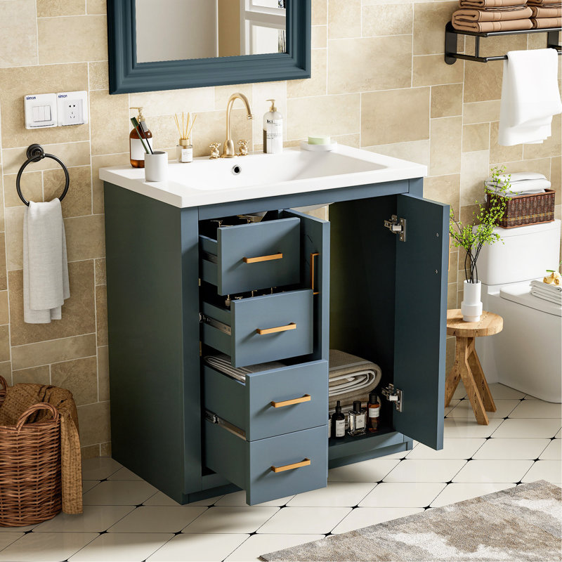 Ensemble de meuble-lavabo 30 po avec lavabo en céramique, armoire de rangement en bois massif, ensemble de meuble-lavabo autoportant avec 3 tiroirs et portes à fermeture douce