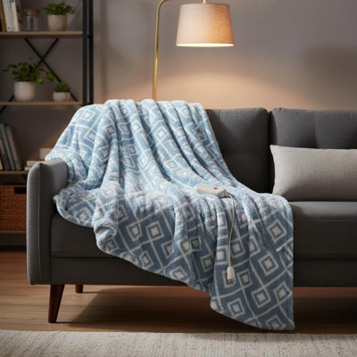 1 couverture chauffante douce 50x60" bleue à motifs géométriques