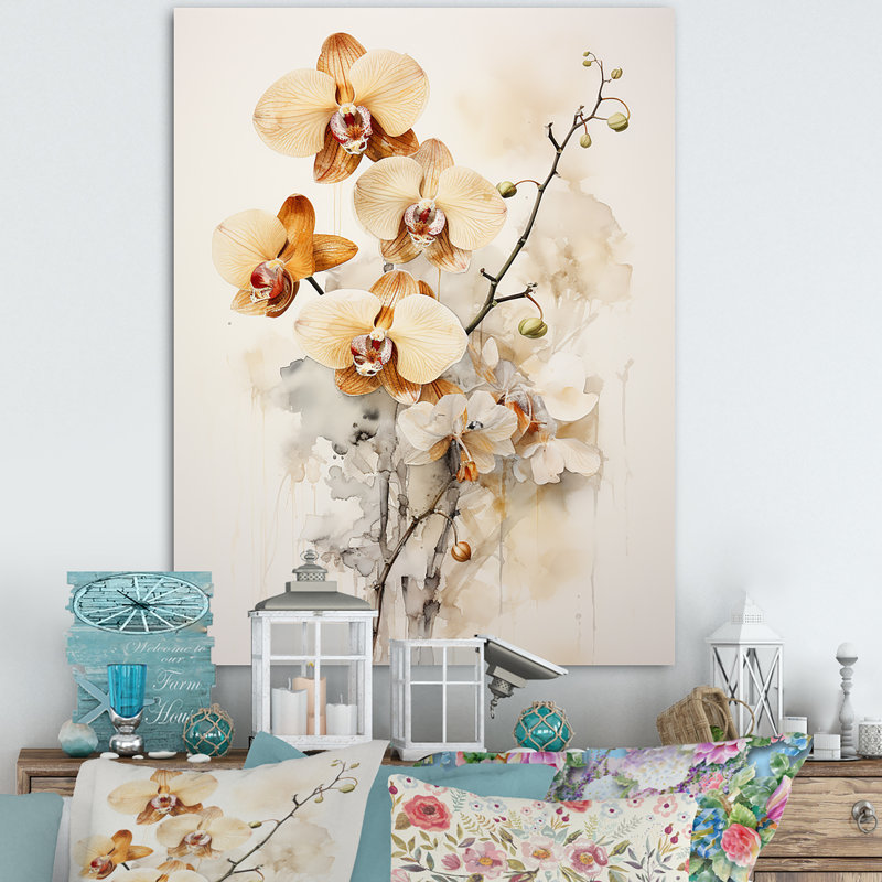 Orchidée beige et or qui fleurit, Toile tendue, H 44 po x l 34 po x P 1,5 po