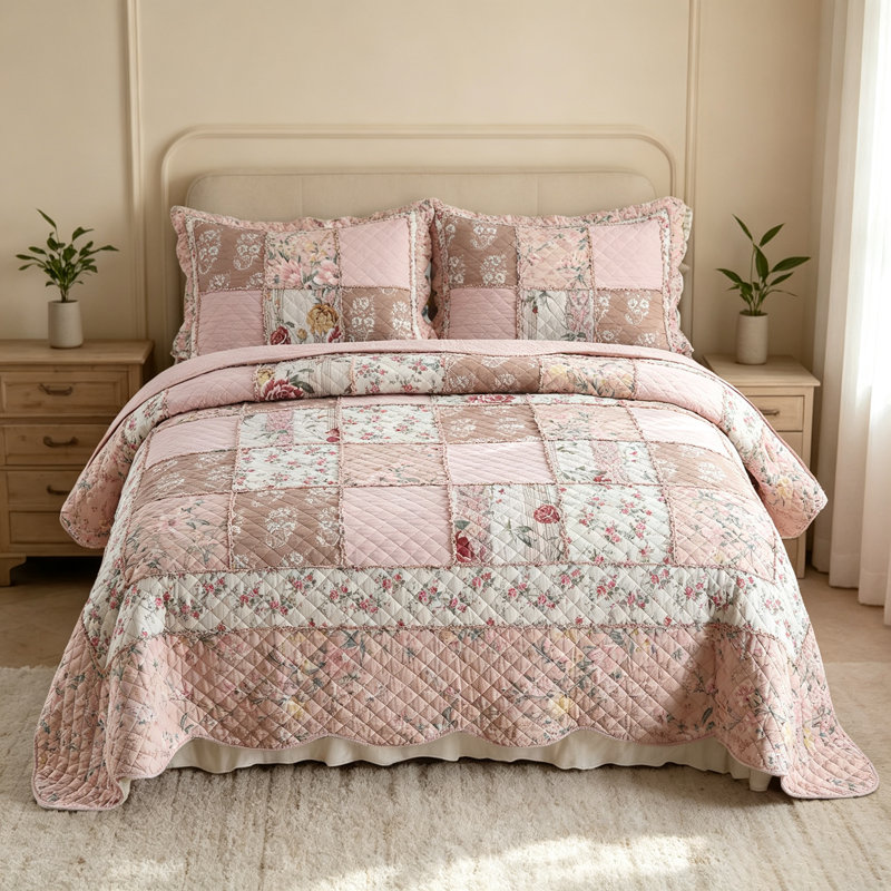 Ensemble de courtepointe en patchwork 3 pièces 100 % coton, couvre-lit brodé avec de véritables points de couture, réversible, léger et respirant pour toutes les saisons, doux et matelassé, avec 2 taies d'oreiller, taille Queen