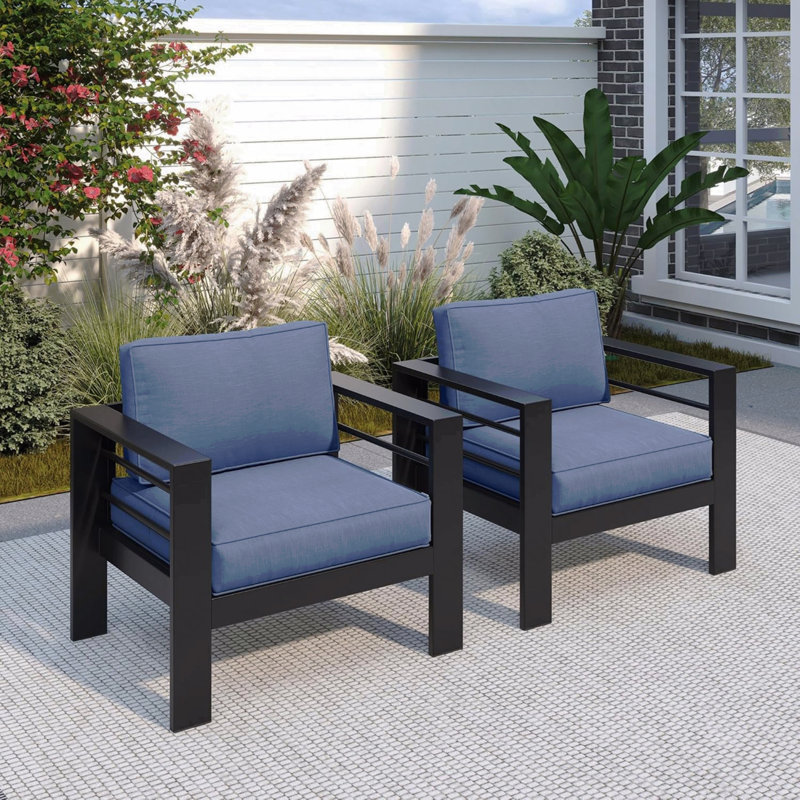 Ensemble de 2 fauteuils de patio en aluminium toutes saisons 28 po avec coussins bleus épais et structure noire