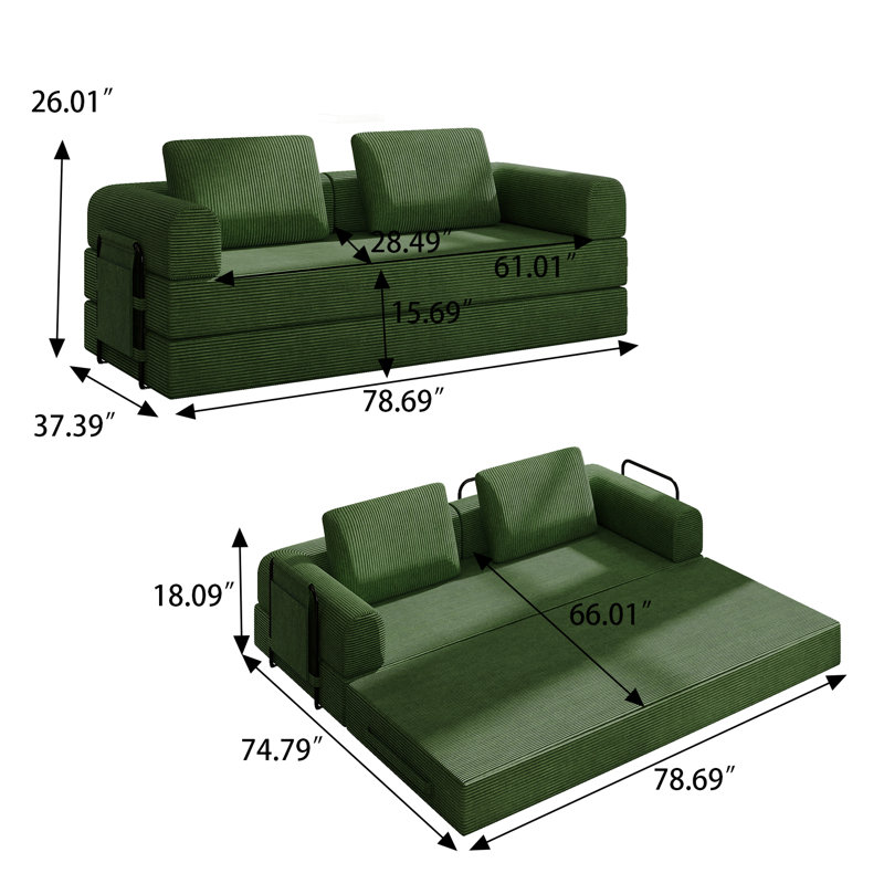 Canapé-lit convertible modulaire avec revêtement en velours côtelé, canapé 2 places multifonctionnel avec poche latérale et support en fer, 5 couleurs pour le salon, petits espaces
