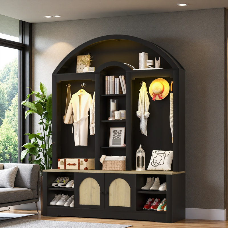 Multi-Functional Wardrobe/Entrance Wardrobe, Equipped With Shoe Racks, Clothes Hangers And Hooks. Wardrobe, Black