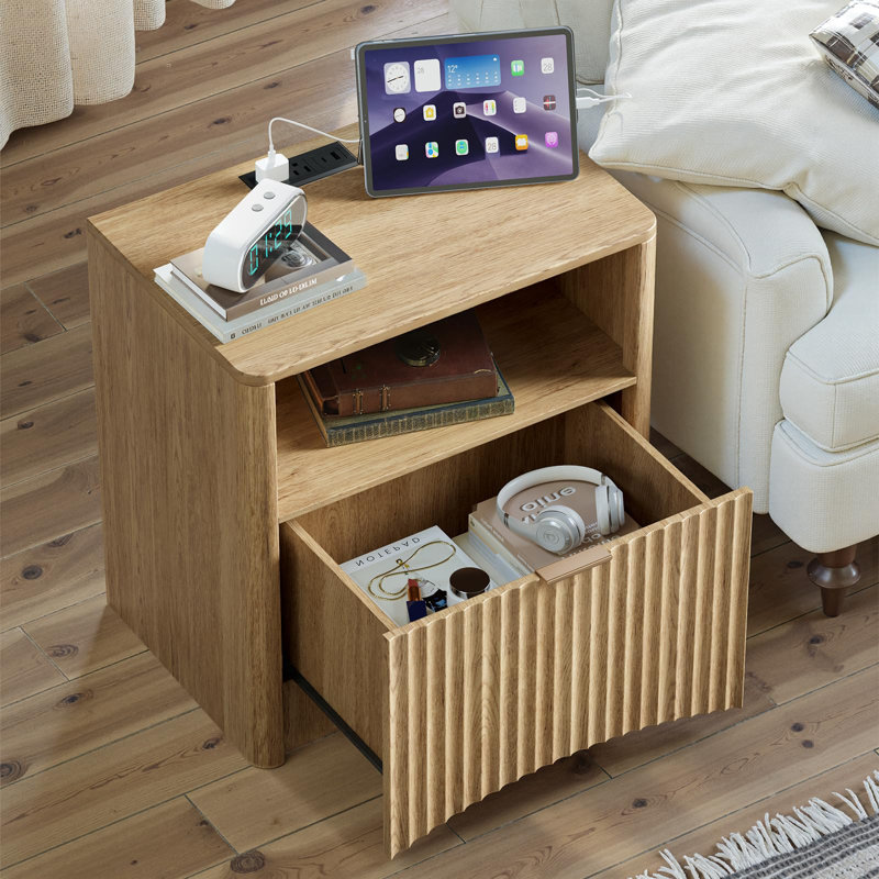 Fluted Nightstand With Charging Station, Bedside Table With Drawer And Storage, Large Night Stand For Bedroom, Individual