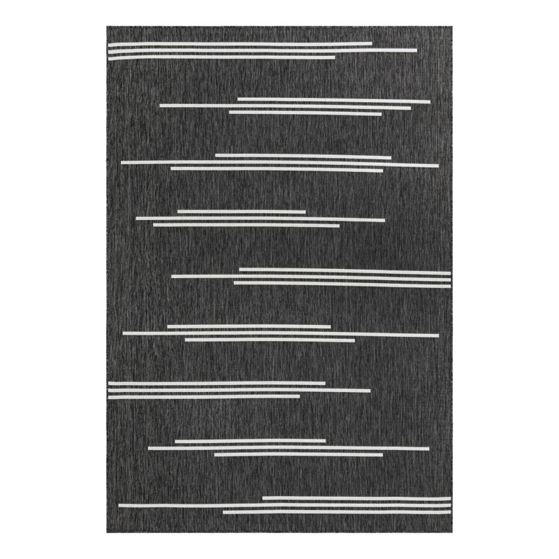 Tapis intérieur / extérieur en polypropylène géométrique tissé à la machine en noir / blanc, Rectangle 7 pi 1 po x 10 pi