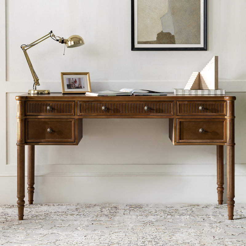 Hoai 55''W Transitional Fluted Simple Assembly Desk with Charging Station and Cable Management, Walnut
