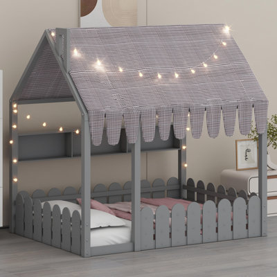 Kids Floor Bed Featuring Fence Guards, Canopy Tent, Ambient Lighting, and Built-in Shelving