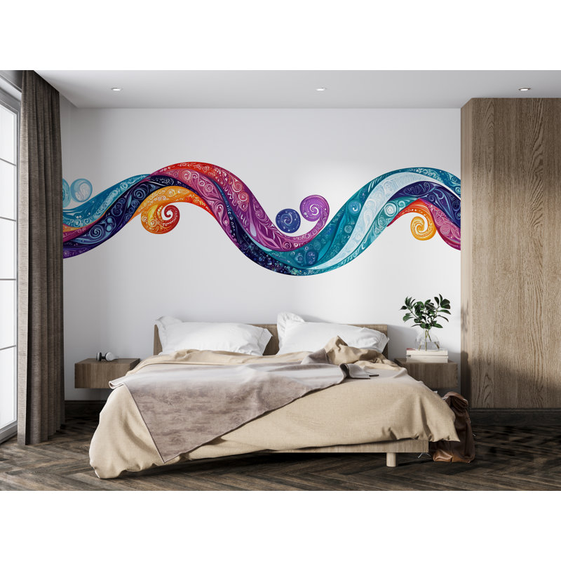 Murale de vagues abstraites colorées, art mural arc-en-ciel moderne, papier peint artistique, murales abstraites à peler et coller 474Mv